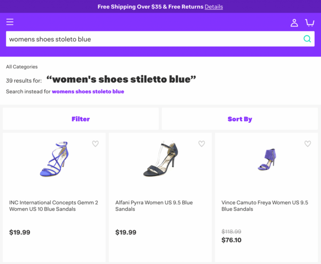 One of the best ecommerce search engines showing the correct results for user intent