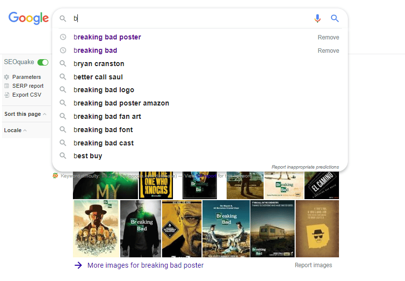 A Google autocomplete with a list of Breaking Bad items