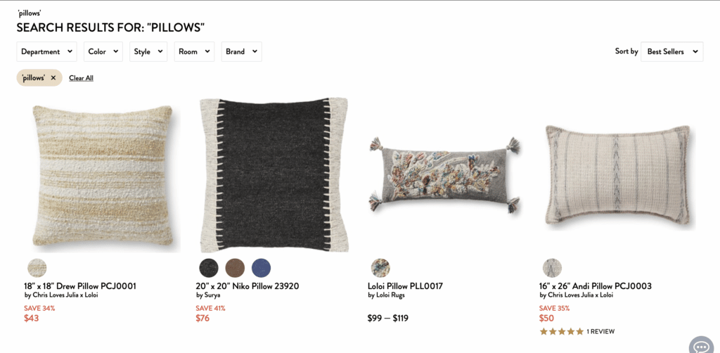 Rugs Direct Pillows facet search examples