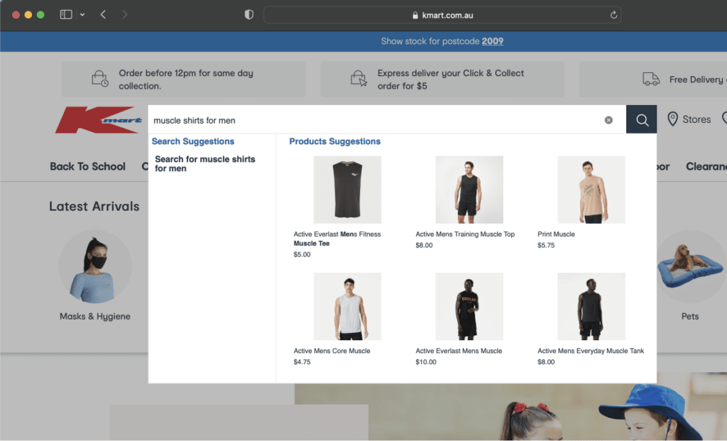 Kmart Australia's website providing visual autocomplete using Constructor's search and discovery platform.
