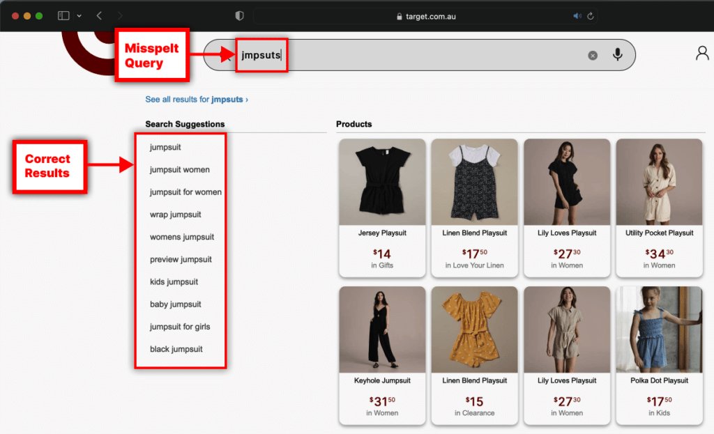 Misspelt query for jumpsuit autocorrected and autosuggested by AI/ML search engine