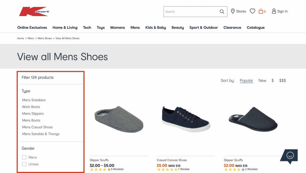 Hyperpersonalization of men's shoe categories on Kmart Australia's website using and ML/AI powered search engine.