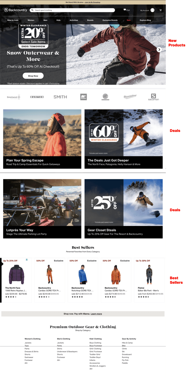 Backcountry home page with skiing images and annotated page structure elements