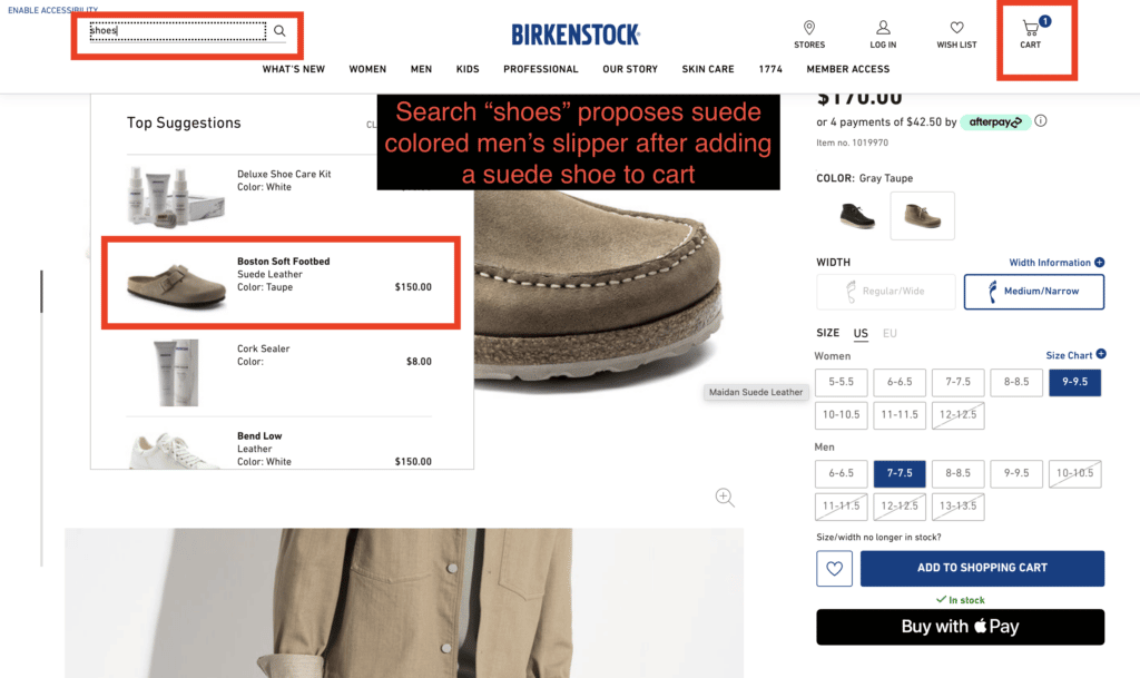 Screenshot of Birkenstock's website showing how Constructor's search algorithm shows brown suede footwear.