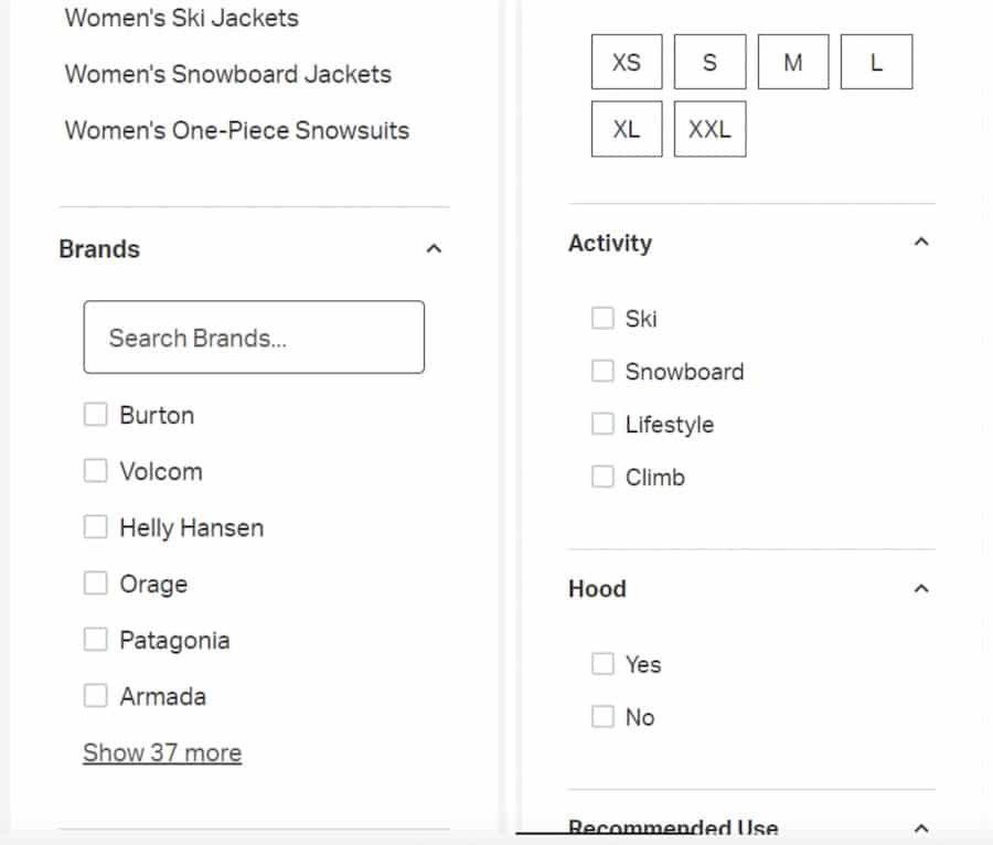 category page dynamic filters