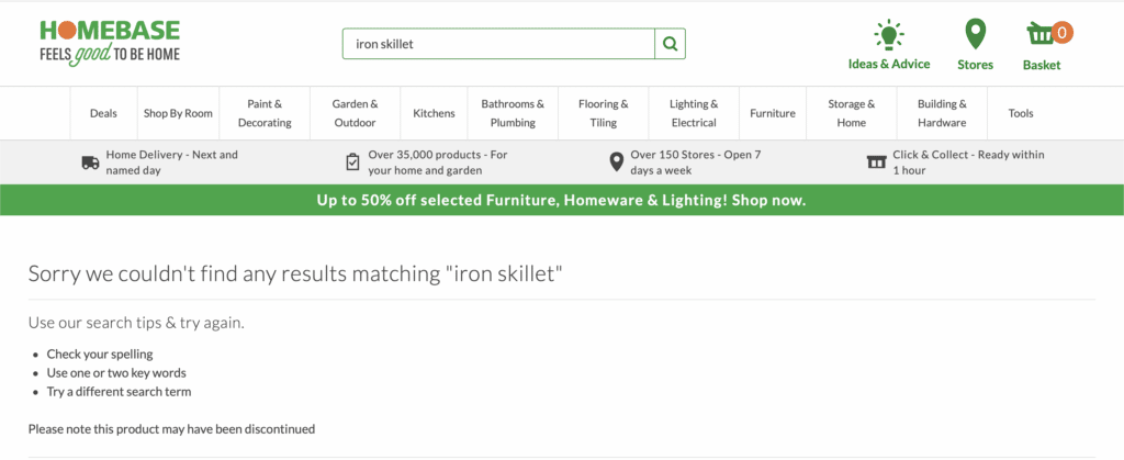 Zero-results showing up on Homebase's website for the search "iron skillet" despite iron products being available.