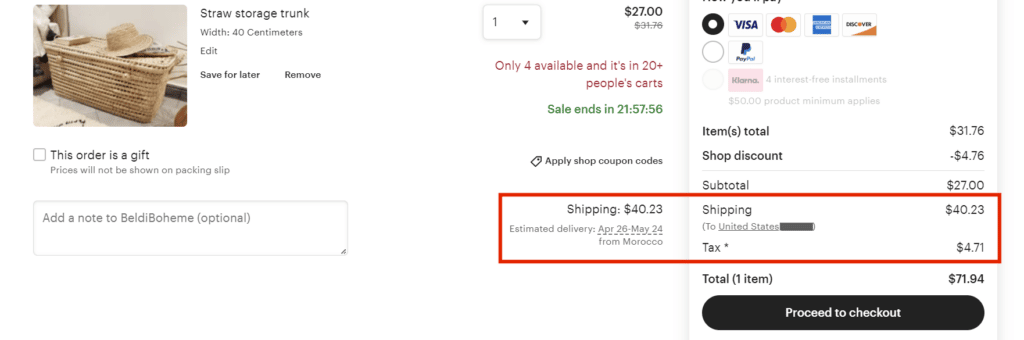 Etsy checkout page with shipping costs highlighted