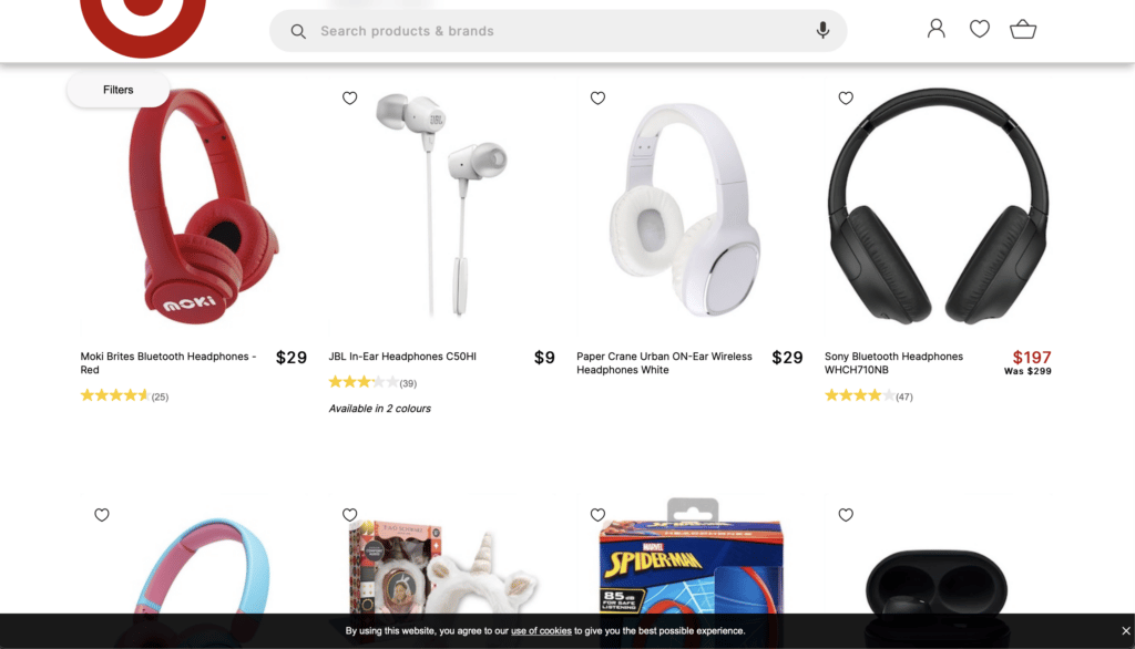 Target AU's search powered by Constructor search showing both headphones as well as earphones because they are synonyms.