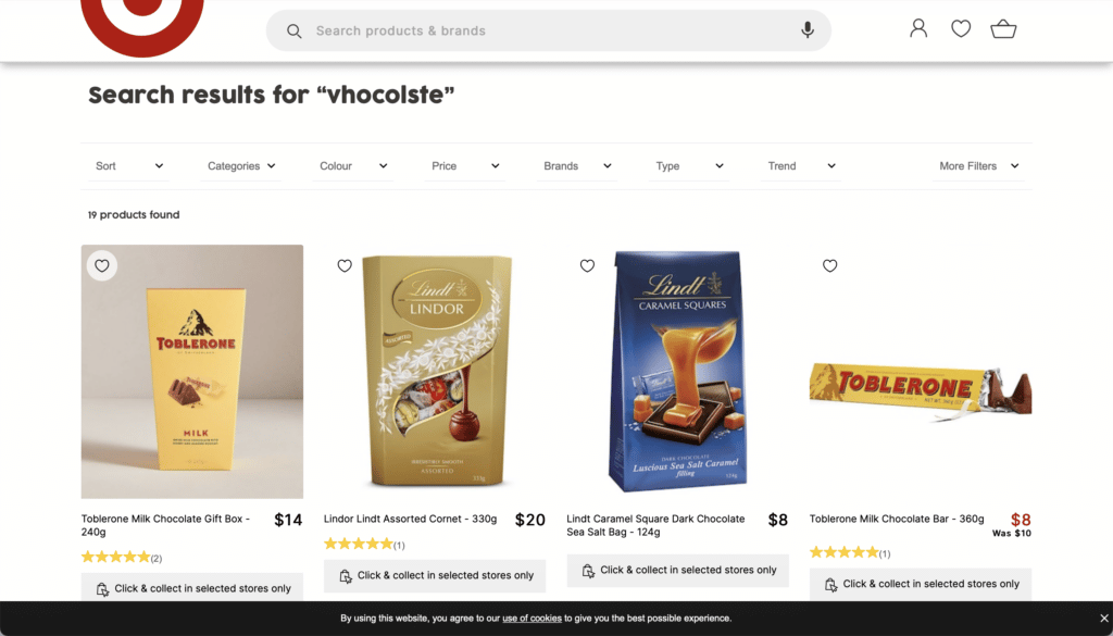 Misspelled search for chocolate on Target Australia fixed by Constructor product search and discovery platform.