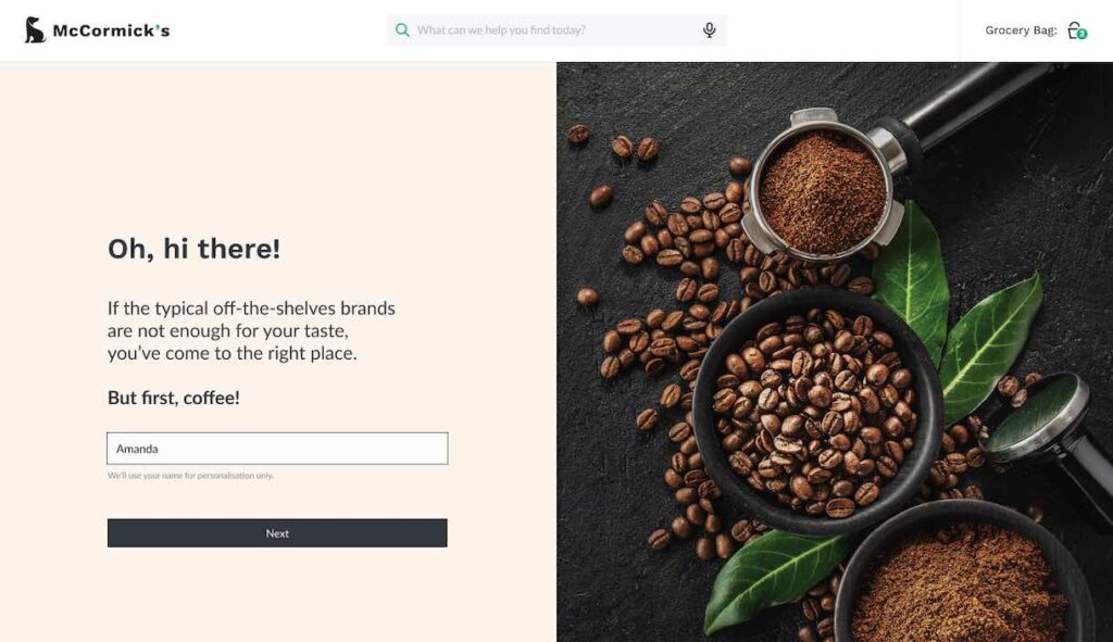 Homepage for a coffee product recommendation quiz