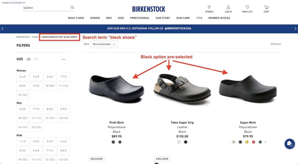 preselected facets for black Birkenstocks on an ecommerce site