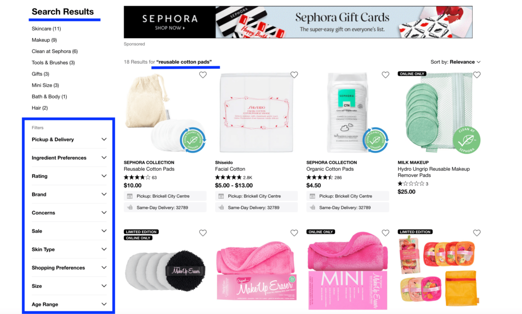 sephora facets search results