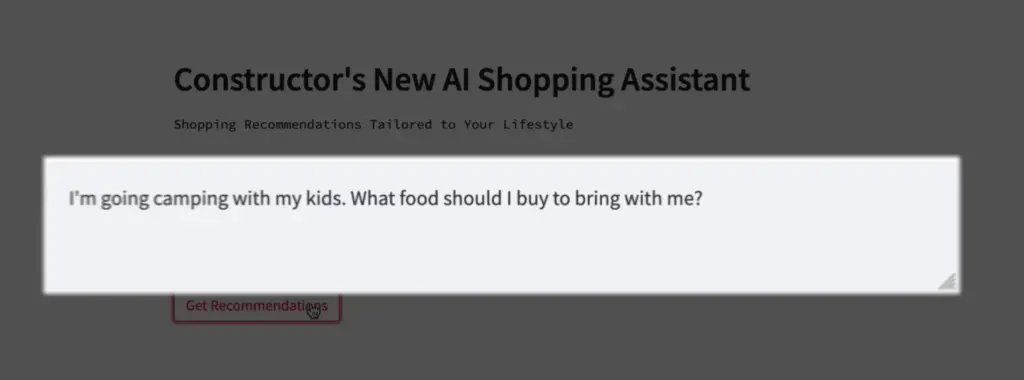 Constructor AI Shopping Assistant Camping Search Query