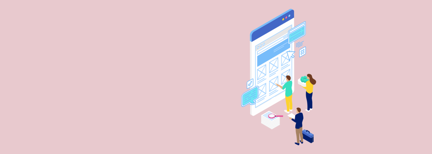 Pink background with illustrated humans interacting with an ecommerce website ux wireframe