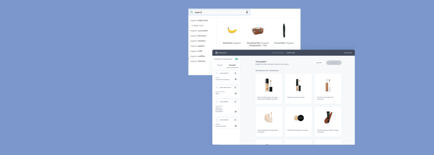 Constructor search providing visual autosuggest for users and AI-powered optimization for merchandizers.